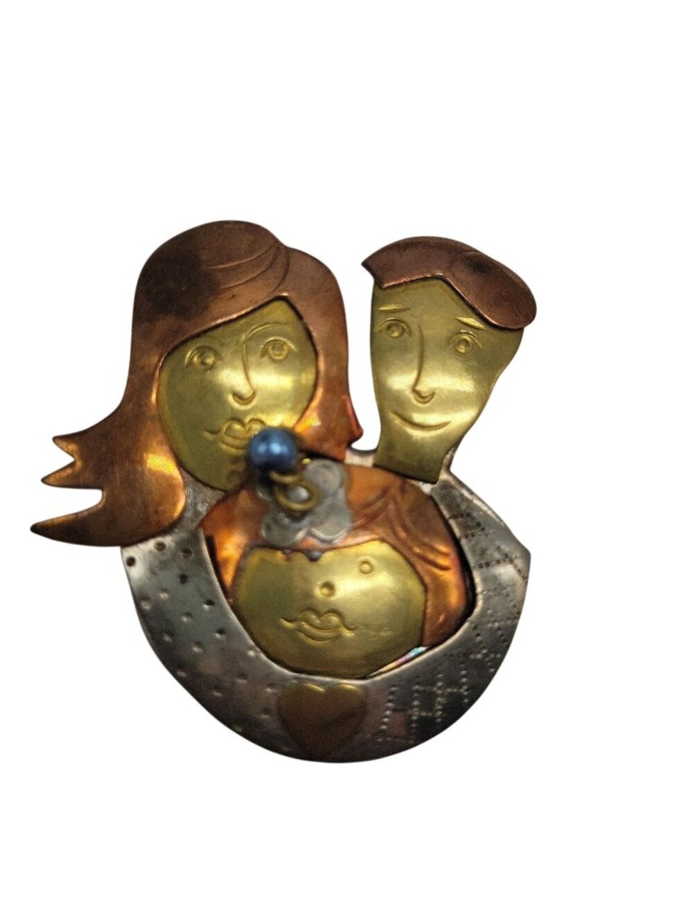 Vtg Family-Themed Artisan Mixed Metal Brooch Pin Heart Detail Copper Brass & Sil